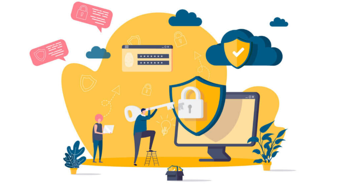 Vector illustration of cyber security with a man holding key to a lock.