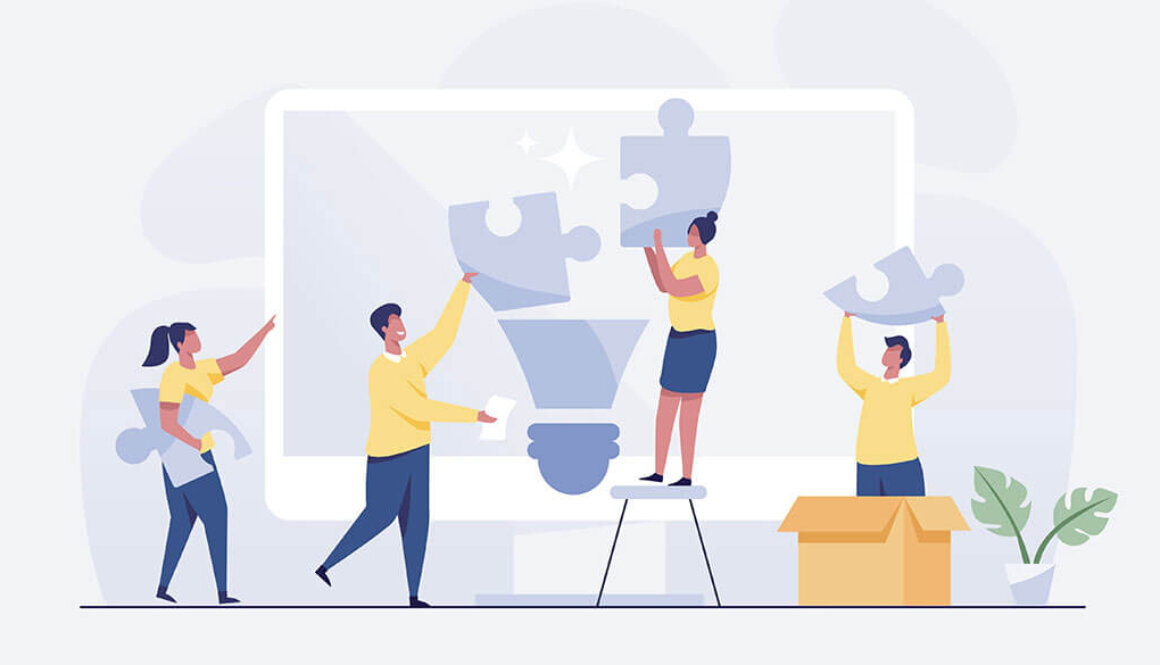 Vector illustration of people putting puzzle pieces together that creates a lightbulb.