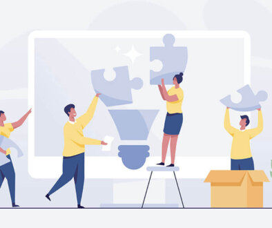 Vector illustration of people putting puzzle pieces together that creates a lightbulb.