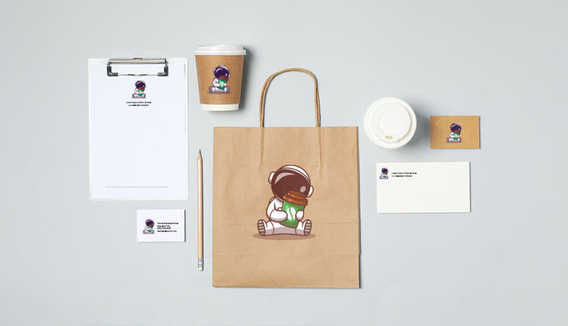 Different business assets with spaceman coffee logo.