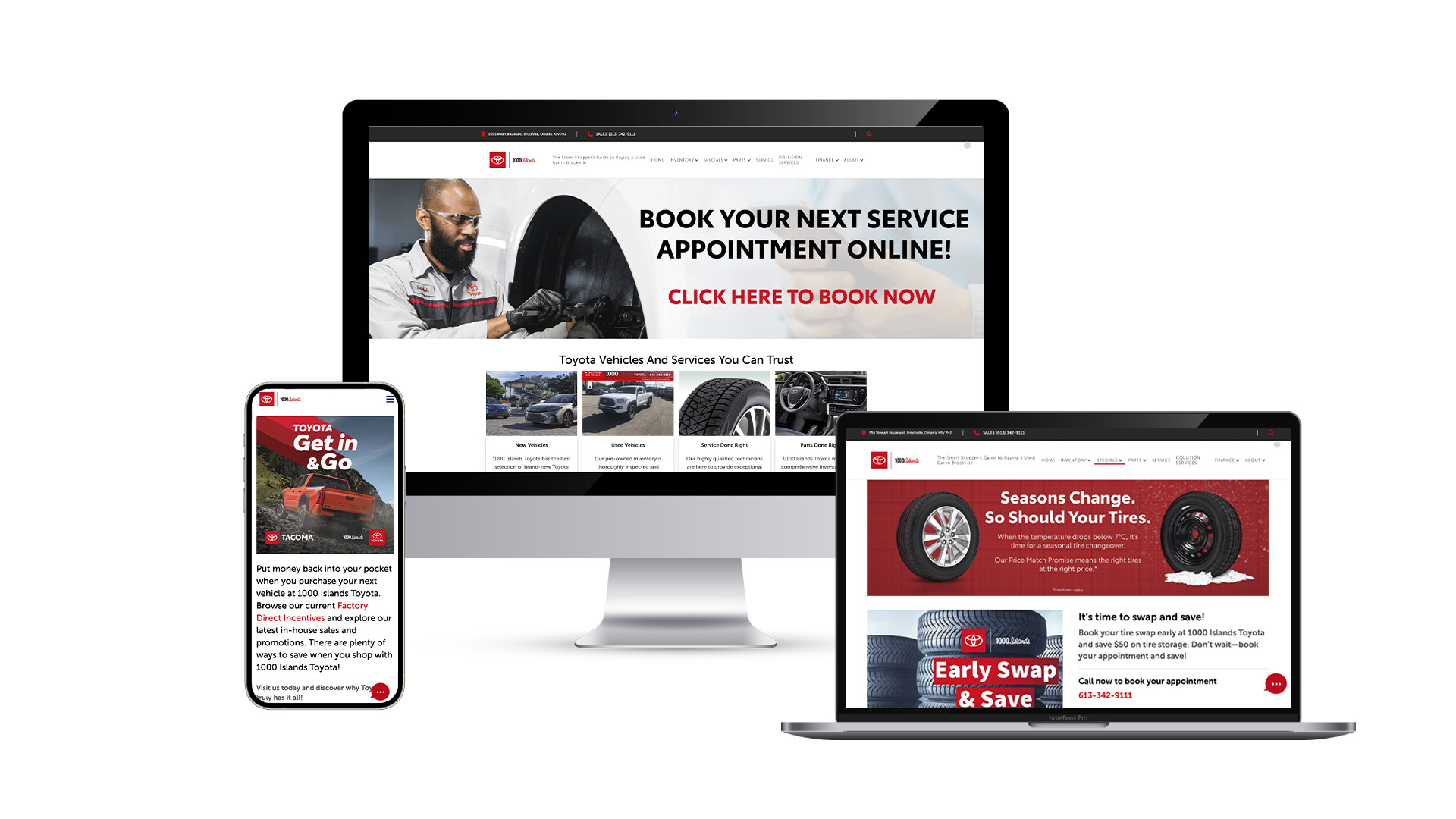 3-screen-1000-islands-toyota A three screen mockup of 1000 Islands Toyota website on a laptop, desktop, and mobile phone.